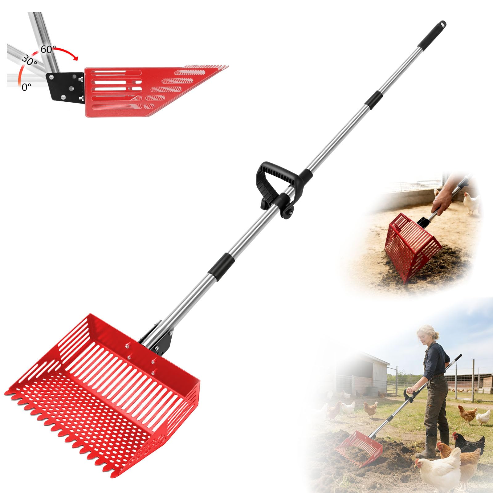 Photo 1 of WISMOIER Chicken Poop Scooper, 2-in-1 Chicken Coop Scooper & Rake, Adjustable Angle and Adjustable Handle Sand Sifter Shovel for Poultry Coop & Small Farm Animals, 63.0" L x 15.0" W x 8.3" H