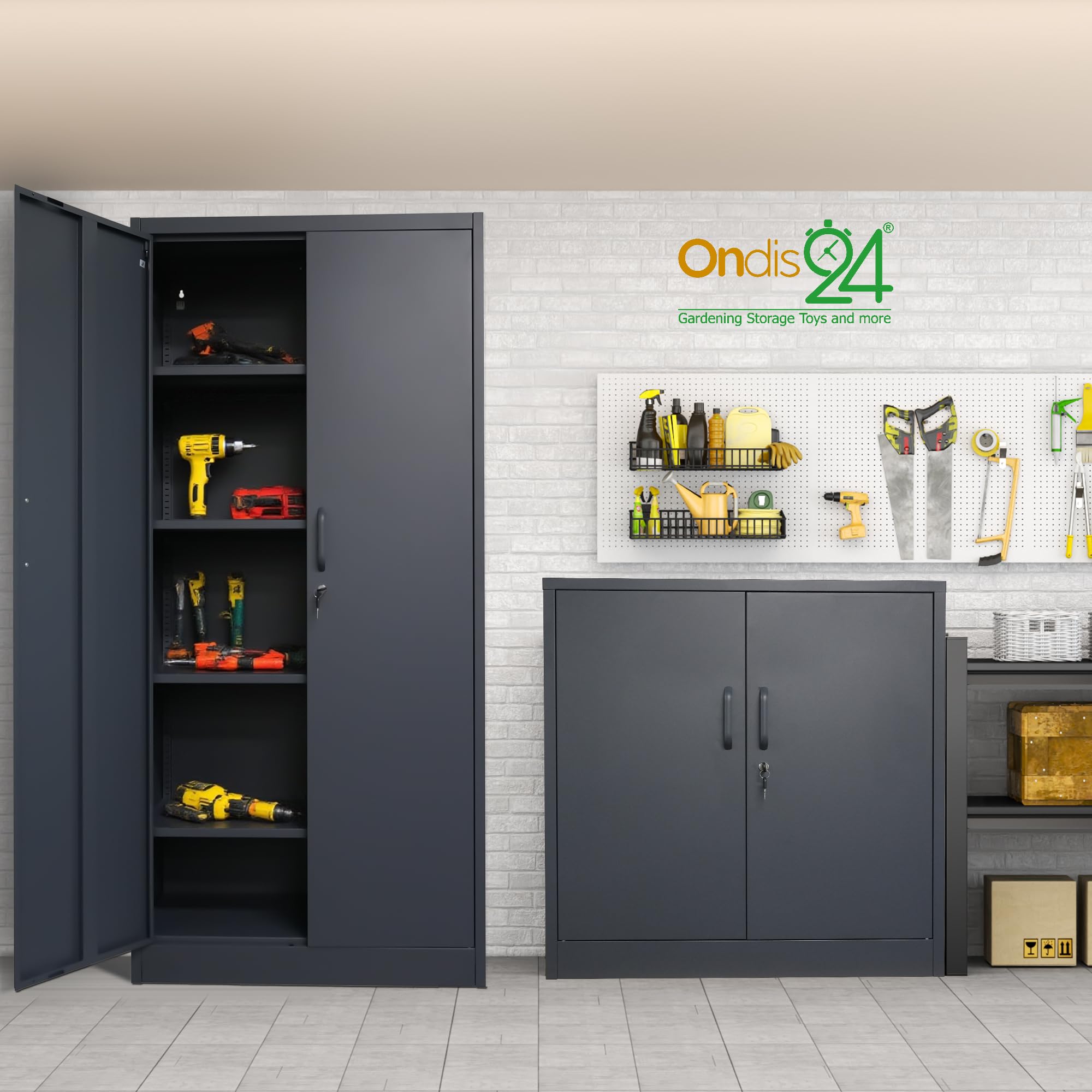 ONDIS24 Aktenschrank, Mehrzweckschrank, Schloss, verstellbare Ablagen, Stabil, belastbar, Doppeltüren mit Türmagnet, Griffen Robust und sicher, werkzeugschrank, Büro, Werkstatt, Garage (Anthrazit, 90)