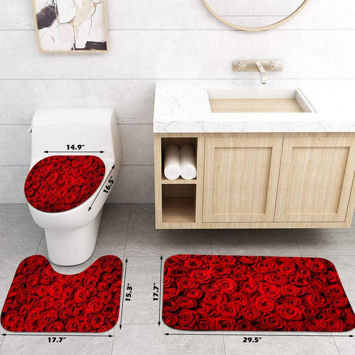 Rose Flower Shower Curtain Set with Rugs, 4 Pcs Romantic Floral Bathroom Decor Set for Girls Women, Valentine's Day Complete Bath Room Curtain Set with Matching Mat & Accessories (Red 2)