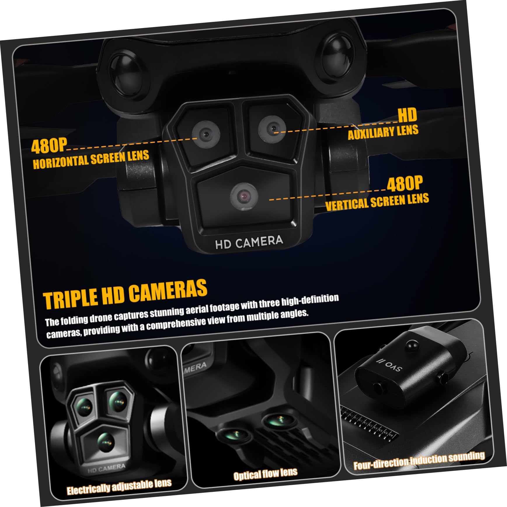 Drone Quadricottero Pieghevole Max con Tripla Camera HD | Lente Elettrica Regolabile 150°, Avvio con Tocco e Controllo App, Batteria 1800mah 3,7v, Abs Nero