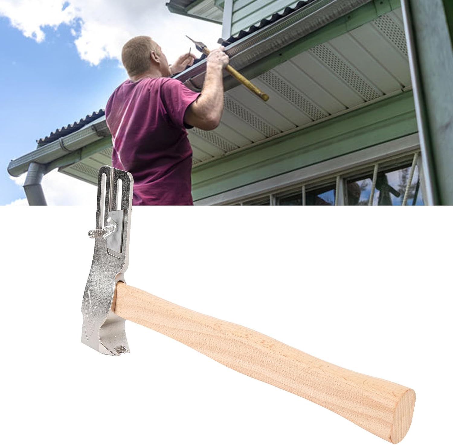 Luqeeg 17oz Magnetic Roofing Hatchet, Integrated Hammer Axe with Nail Claw, Roof Cutter, Sliding Meter & Wood Handle Multifunctional Roofing Tool for Repair Shingling, Nail Driving