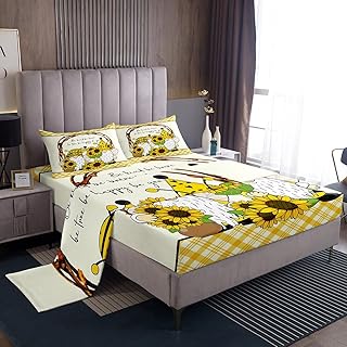 Bee Gnome Fitted Sheet,Sunflower Floral Bed Sheets For Kids Girls Boys,Yellow Bufffalo Grid Flat Sheet Bedroom Living Room Decor,Be Kind Spring Flowers Sheet Sets,All Season Top Sheet King Size