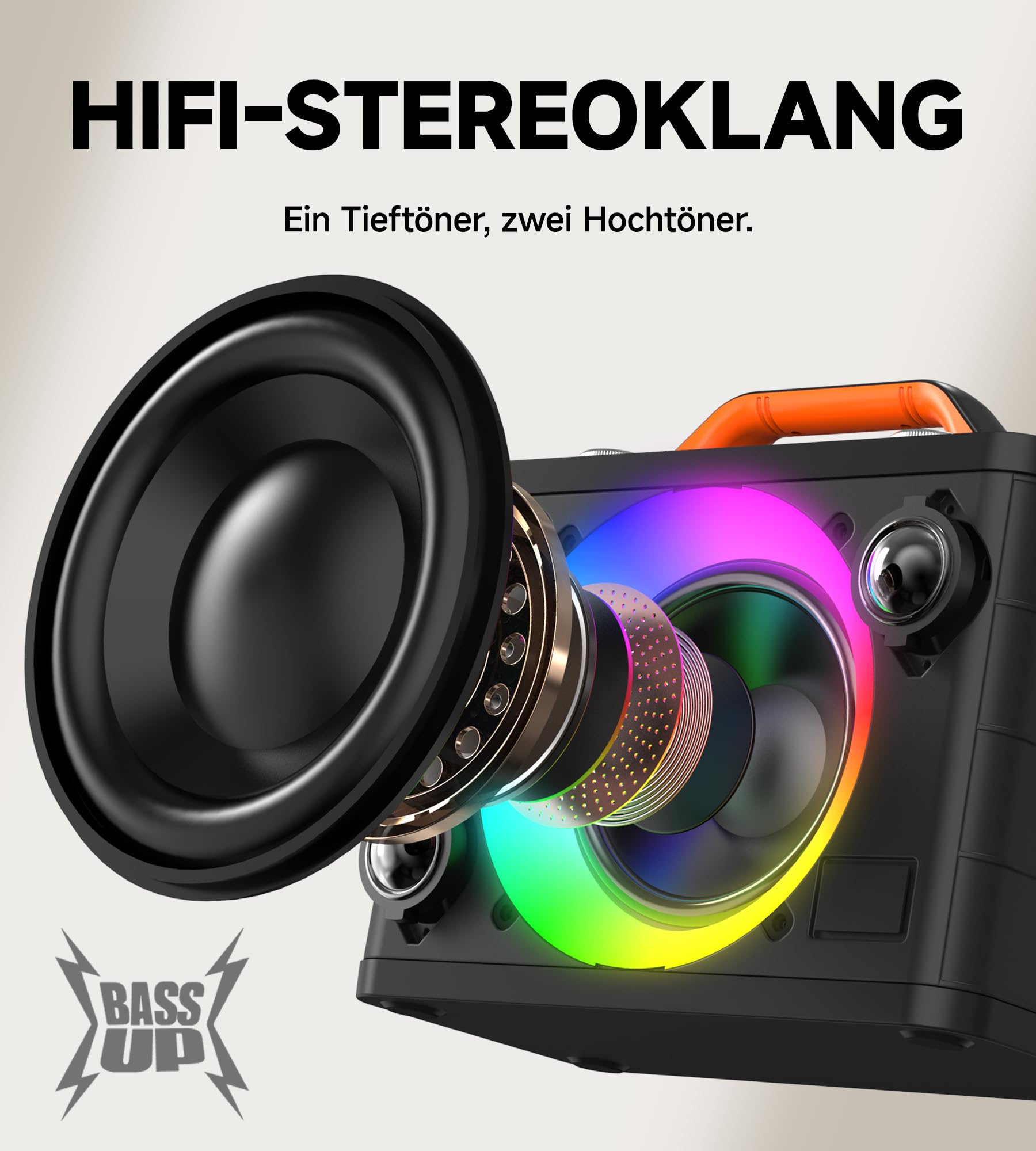 Karaoke Maschine mit 2 Kabellosen RGB-Mikrofonen – 5200 mAh Karaoke mit 10 RGB-Modi, unabhängiges Bedienfeld, 13-Stunden-Wiedergabe, Hi-Fi-Sound, Karaoke unterstützt AUX/USB/TF-Karte/USB/Coax (grau)
