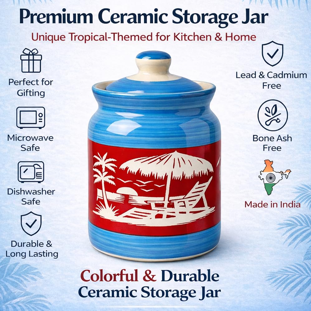 Image of Ceramic Handmade Pickle Jars in 1000ml (set of 2) | Handpainted Floral Bale 1 kg Achaar Martban | Ceramic Jadi for Kitchen Storage (Set of 2) | Jars for Achar, Spices, Salt (HandPainted Scenery Jars)
