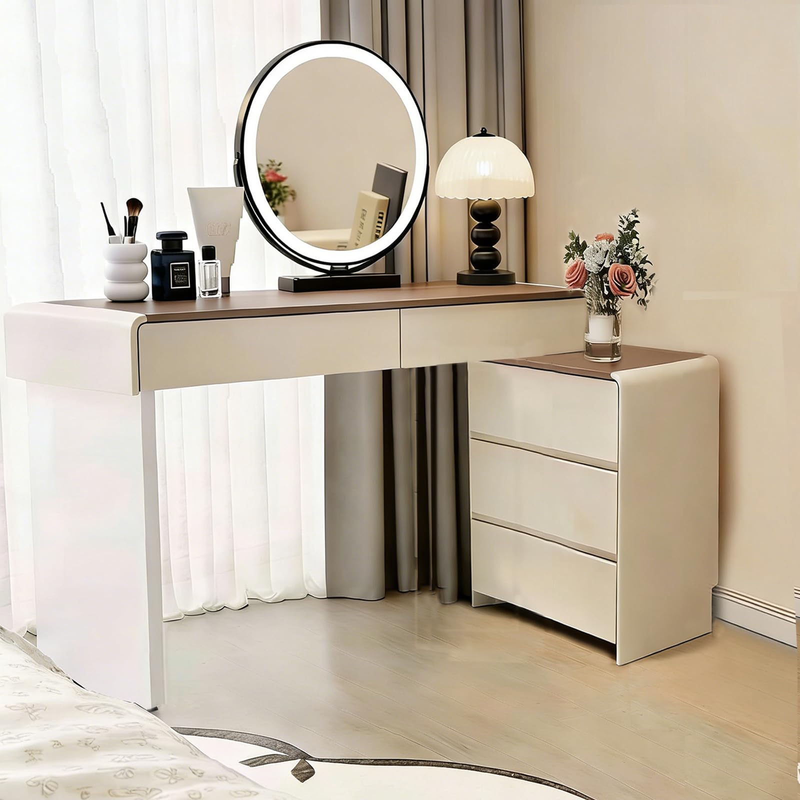 Schminktisch mit Holzmaserung, L-förmiger Frisiertisch mit Spiegel, Moderner Ecke Kosmetiktisch mit 5 Schubladen und Schrank, Einfach zu Montieren für Mädchen Schlafzimmer, 100cm