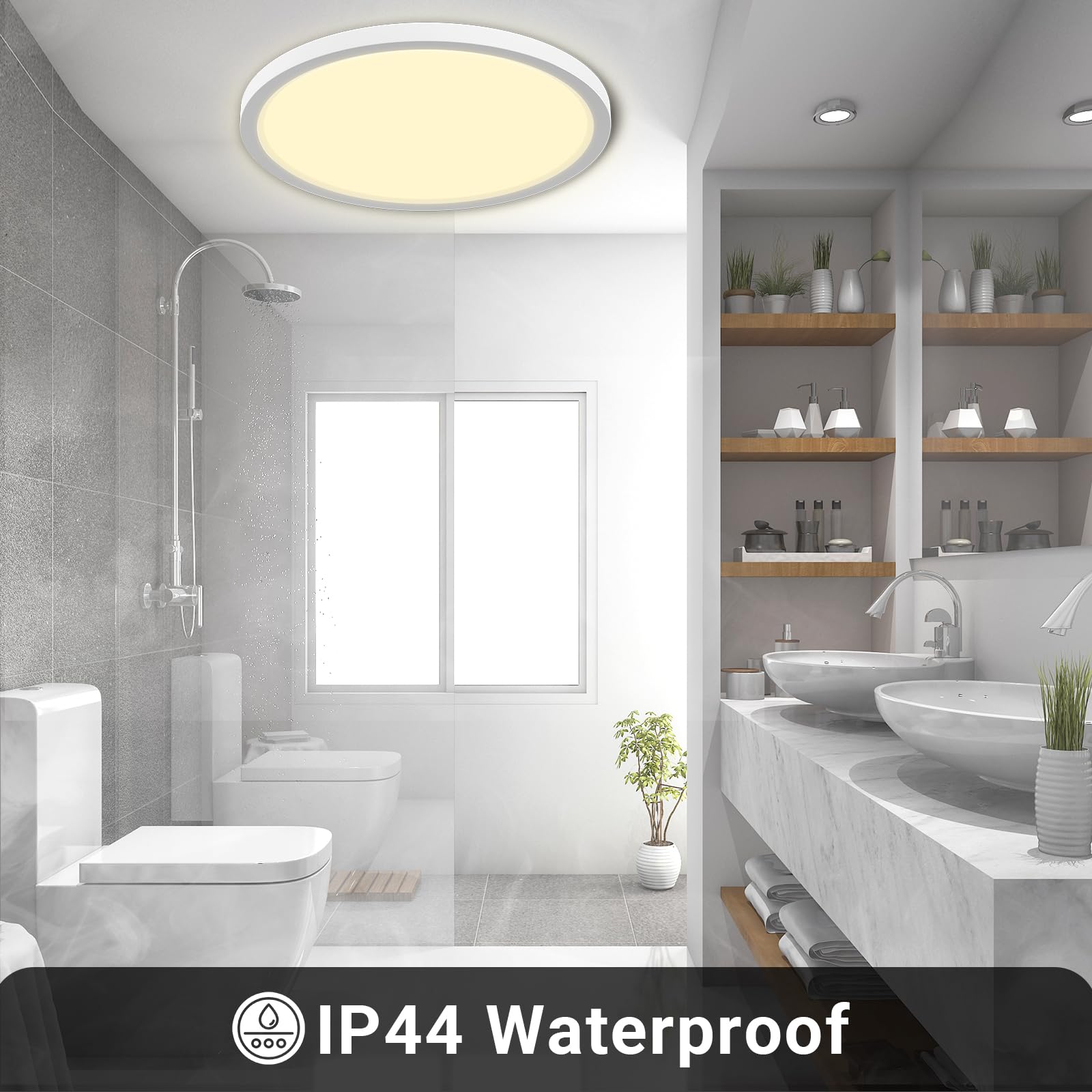 LQWELL® Lampa Sufitowa LED, Wodoodporna Lampa Łazienkowa IP44 Okrągła Płaska 18W 3000K 1980lm Cienka Do Salonu Łazienka Sypialnia Kuchnia Piwnica Biuro, 220 * 24mm