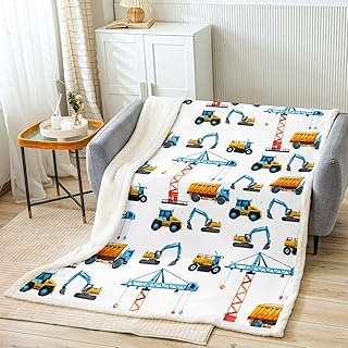 Homemissing Manta Sherpa de construcción tamaño Queen de 90 x 90 pulgadas, manta de forro polar para niños y niñas, decoración de vehículos de construcción, manta de felpa para camiones, color blanco,