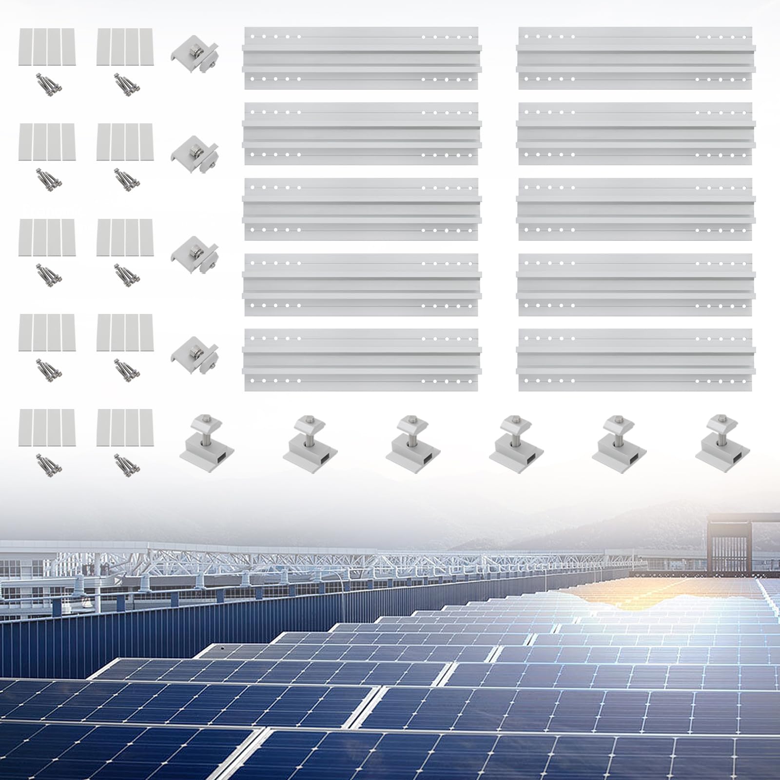 Set di 10 supporti per pannello solare, per tetto in mattoni PV | Sistema di montaggio in alluminio con 10 binari, 4 terminali e 6 morsetti centrali, viti e cuscinetti, per pannelli solari