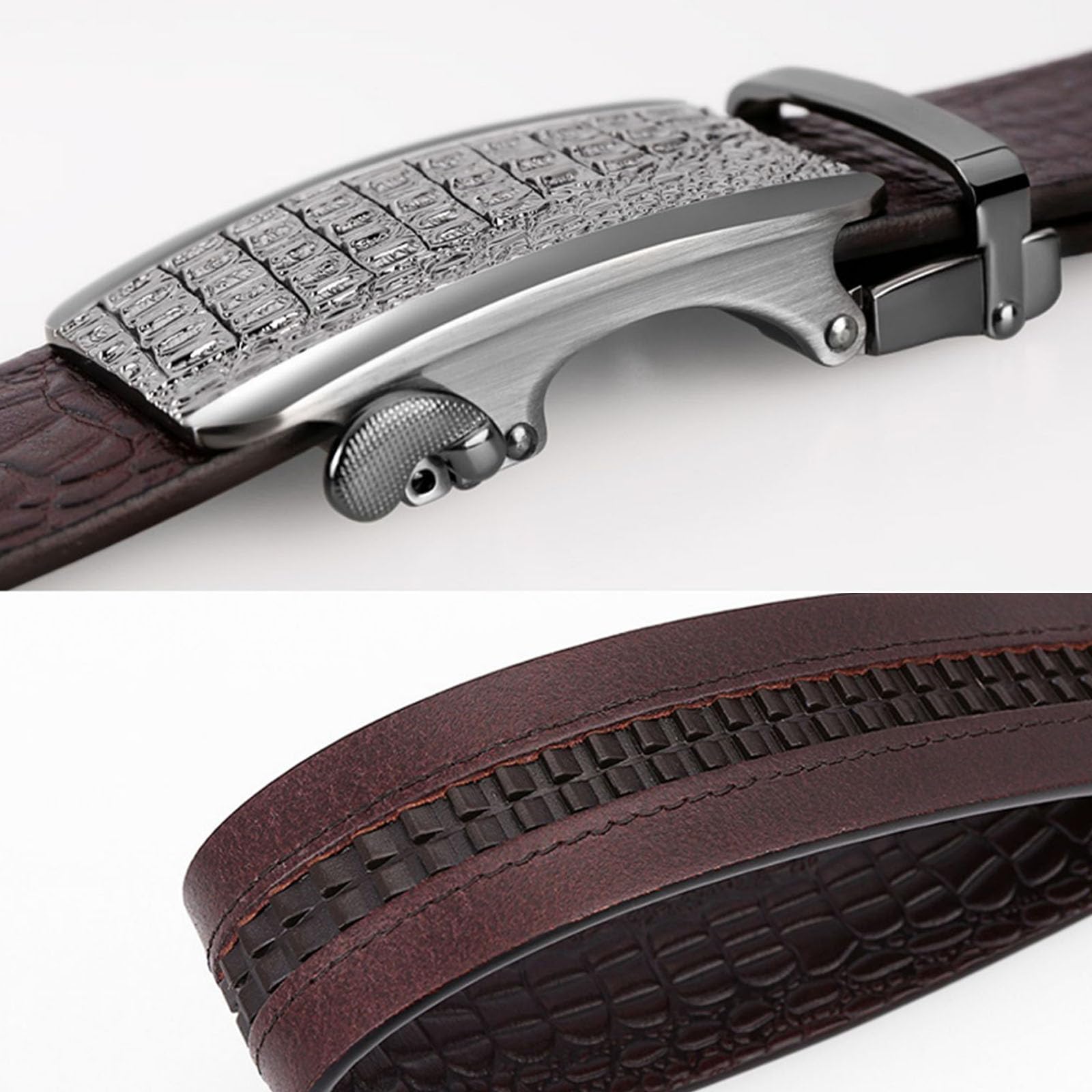 Cinturones Hombre Trinquete, Cinturones de Cuero Genuino Ajustable Negocio, Cinturón Lujo Casual Moda con Hebilla Metal Automática Grabada 3D en Aleación,Marrón,125CM/49.2''