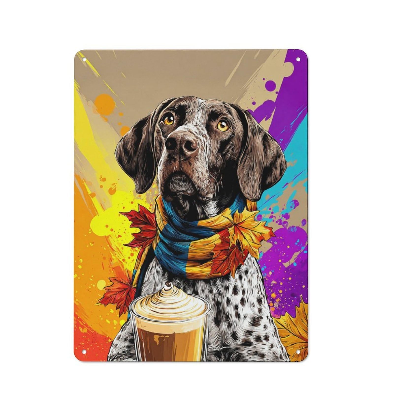 Junmoney Autumnal Pup With Pumpkin Spice Latte Metal Sign 40X30cm, Retro Bar Wall Plaque For Bar, Kitchen, Garage Or Games Room, For Casual British Interiors