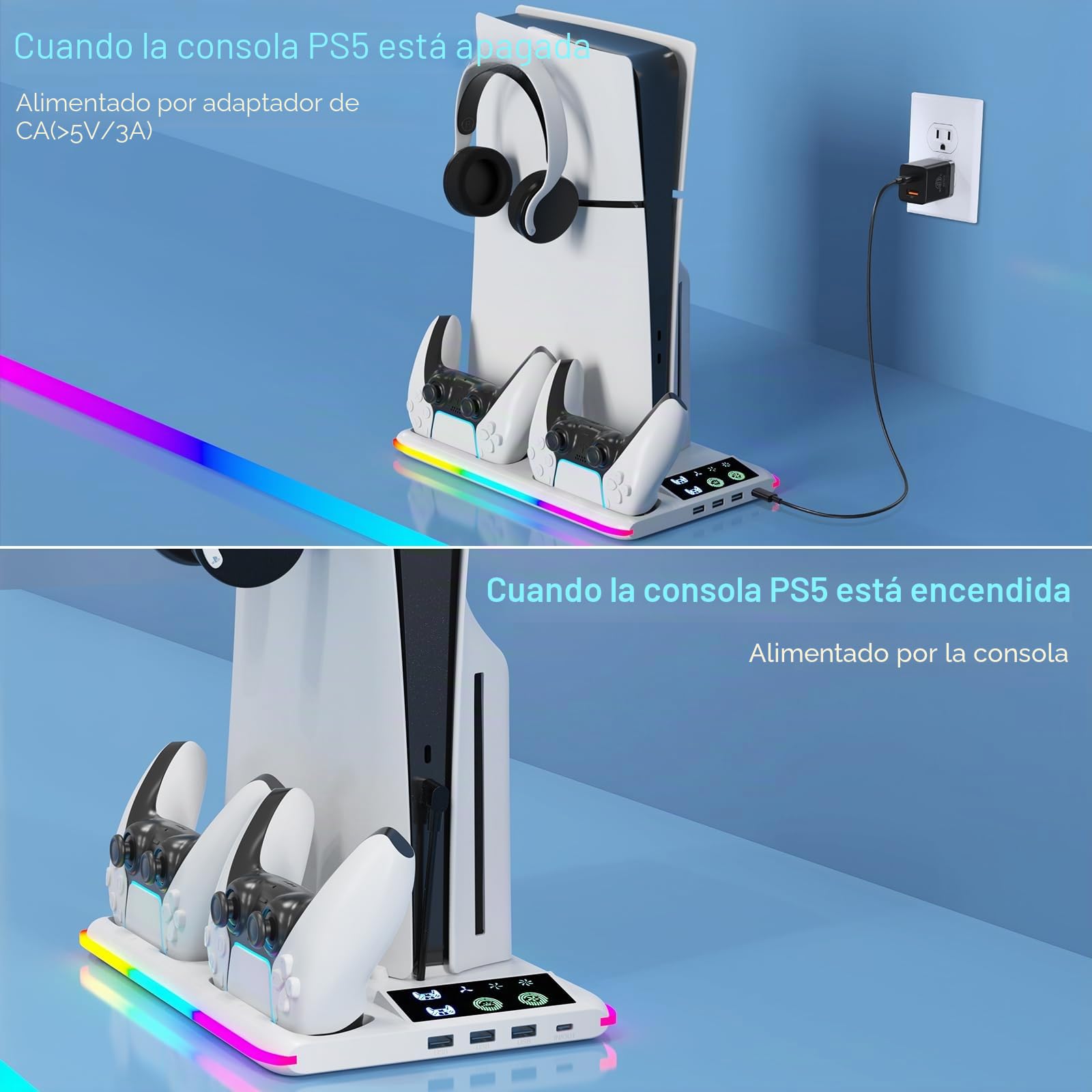 Soporte para PS5, Soporte de Refrigeración para PS5/PS5 Slim/PS5 Pro Soporte Vertical P5/P5 Slim/P5 Pro con Estación de Carga de Dual Dontrolador 3 Puertos USB(Disco y Digital)(Blanco)