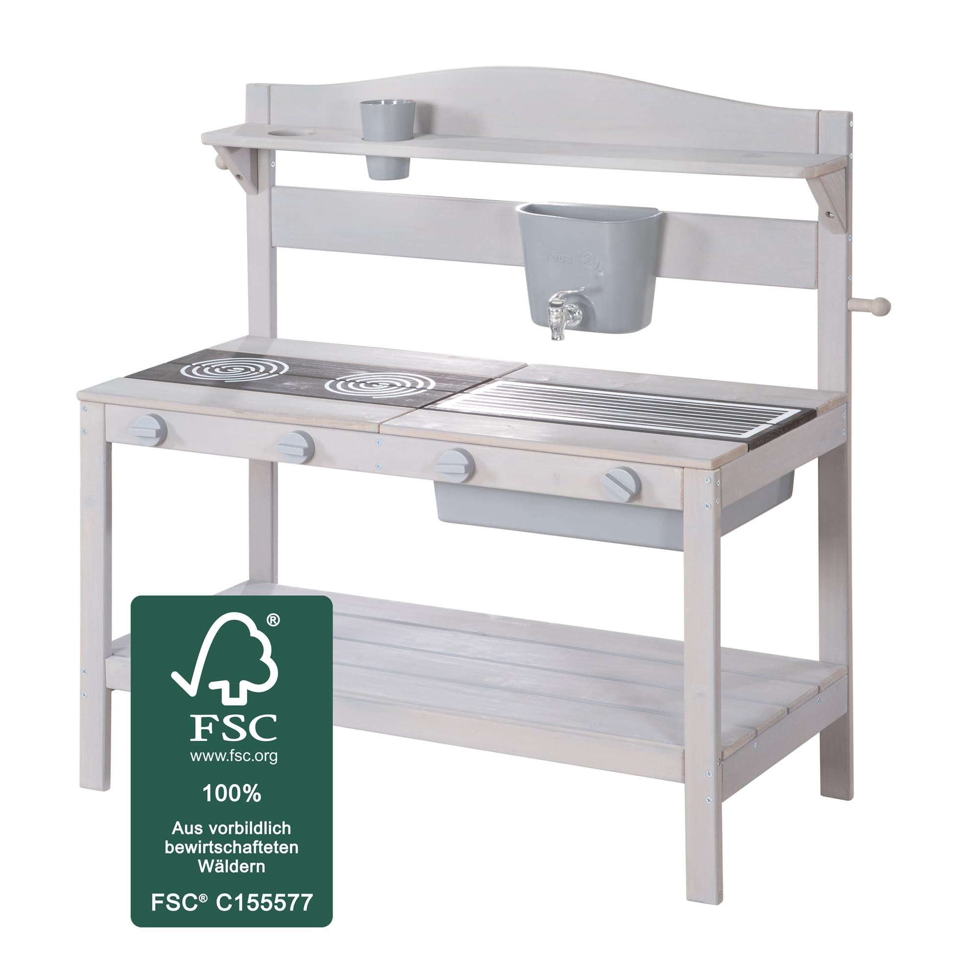 roba Buitenkinderstoel Deck Chair met Bekerhouder - Tuinstoel van FSC-gecertificeerd Hout - Ideaal voor de Tuin, het Terras en Picknicks - Vanaf 18 Maanden - Grijs Gelakt