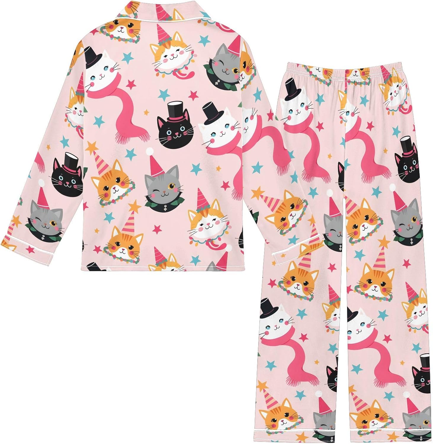 Kids Casual Satin Wear Set Cute Christmas Cat Pattern Unisex Relaxed Fit Clothing
