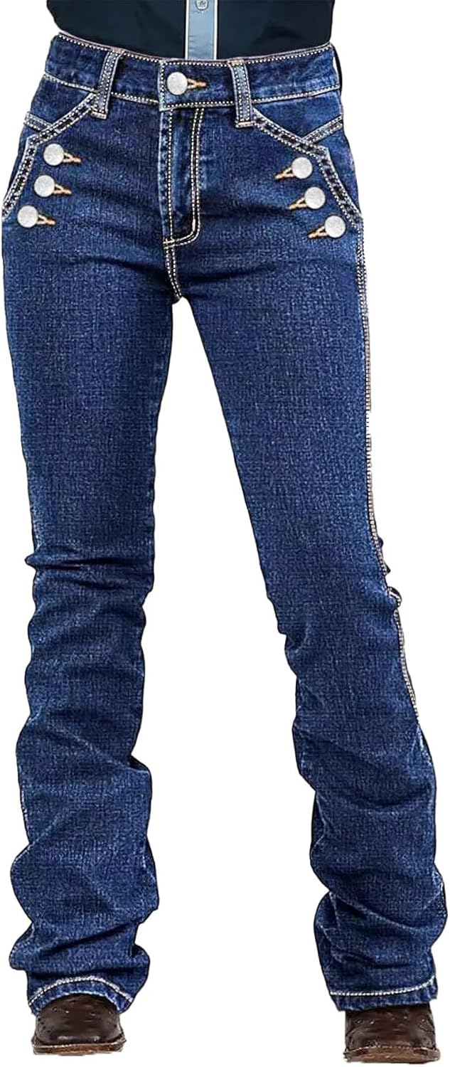 Flamingals Bootcut Mid Waist Dual Wash Button Decor Jeans for Women Butt Lifting Denim Pants