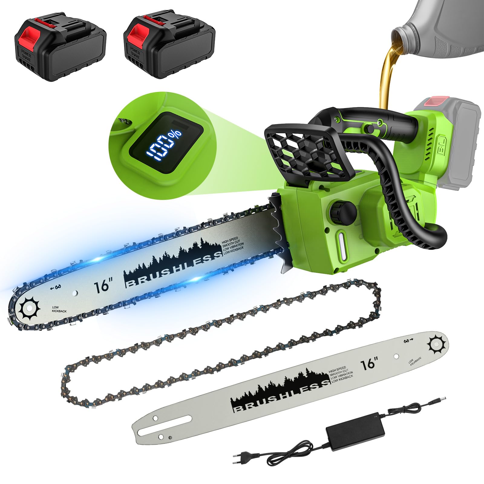 Motosierra Bateria 16 Pulgadas, Motosierra Eléctrica Inalámbrica 2200W con 2 x 4,0Ah, Motor sin Escobillas, Doble Protección, Lubricación Automática, Pantalla LCD, para Podar Árboles de Jardinería