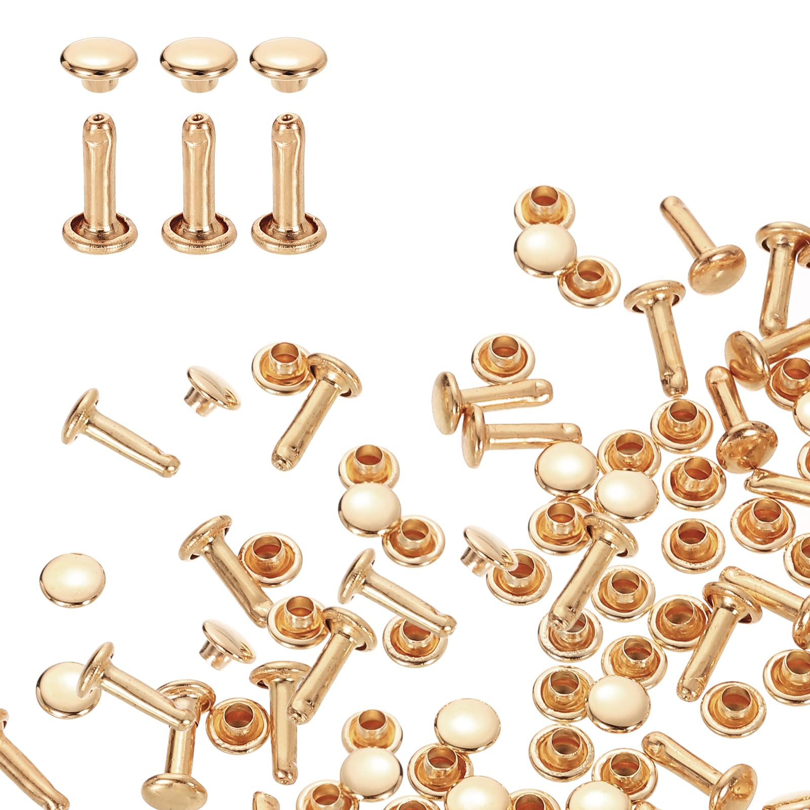 sourcing map 80 Sets Double Cap Rivets 6x10mm Carbon Steel Round Head Snaps Studs Fasteners Tubular Metal Studs for Leather Craft Repairs Decoration, Light Gold