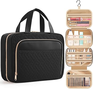 HOTOR Travel Toiletry Bag for Women & Men, Waterproof Makeup Bag with Hanging Hook and Multiple Pockets, Cosmetic Bags for Women, Travel Essentials, 11.2'' x 3.2'' x 8.9'', Black