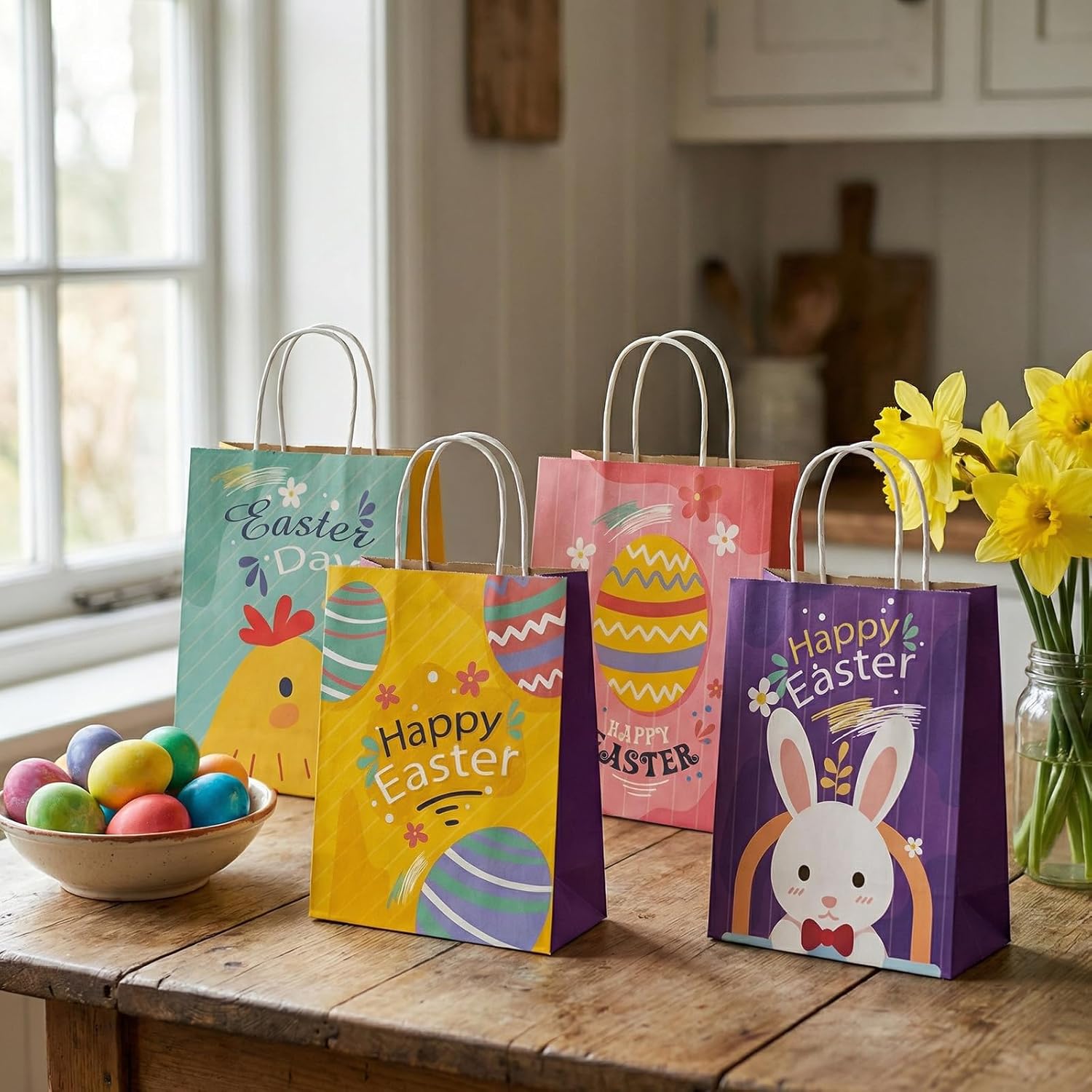 Howzcci 12 Pack Easter Gift Treat Bags - 6.3 x 3.3 x 8.2 inch Egg Bunny Chick Colorful Goodie Bag Decorations for Easter Basket Stuffers Party Favor Gifts - Image 6