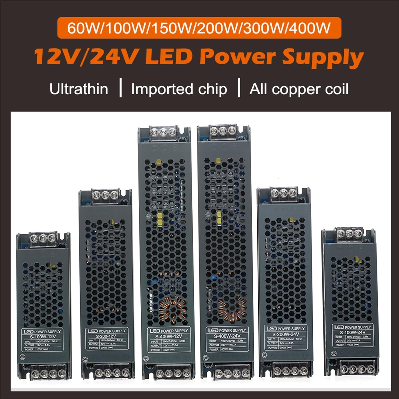 Adapter transformatora tłumika do sterownika zasilania LED AC 200-240 V na DC 12 V/24 V do oświetlenia paskowego (200 W, 24 V)