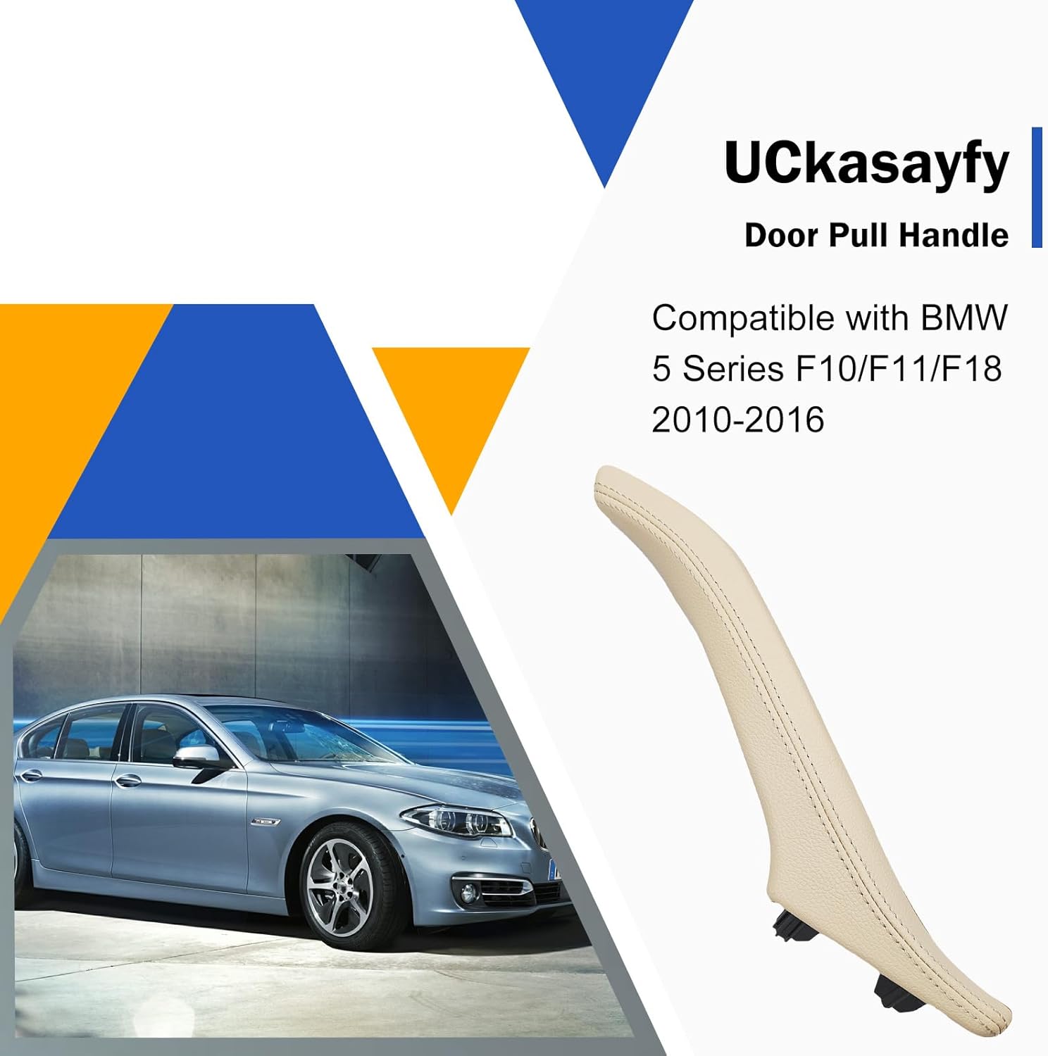 Leather Side Door Pull Handle Cover Compatible with BMW 5 Series F10/F11/F18 520 523 525 528 530 535 2010-2016, Left Passenger Inner Door Handle Assembly(Beige, Left)