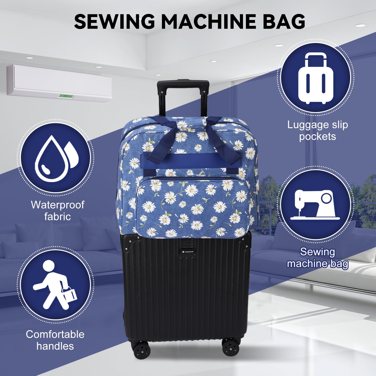 Bolsa Exclusiva para MáQuina De Coser, Maletas De Transporte para MáQuina De Coser, 43 X 32 X 21 Cm, Estuche De Transporte Impermeable para MáQuina De Coser con Bolsillos Y Asas (Azul Marino)