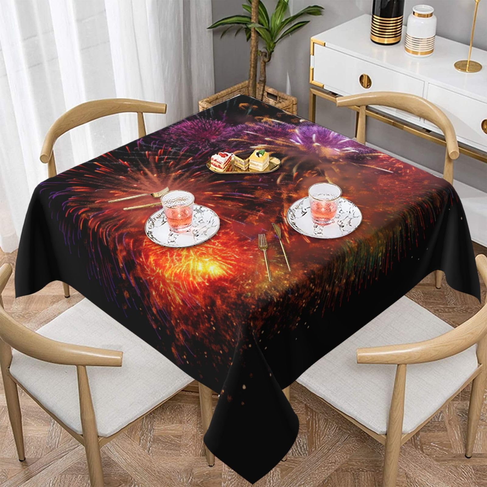 WPKJU Explosion Firework 3D Printed Square Tablecloth 54x54 inch Water Resistant Table Cover Washable Rectangle Table Cloth for Dining Tables