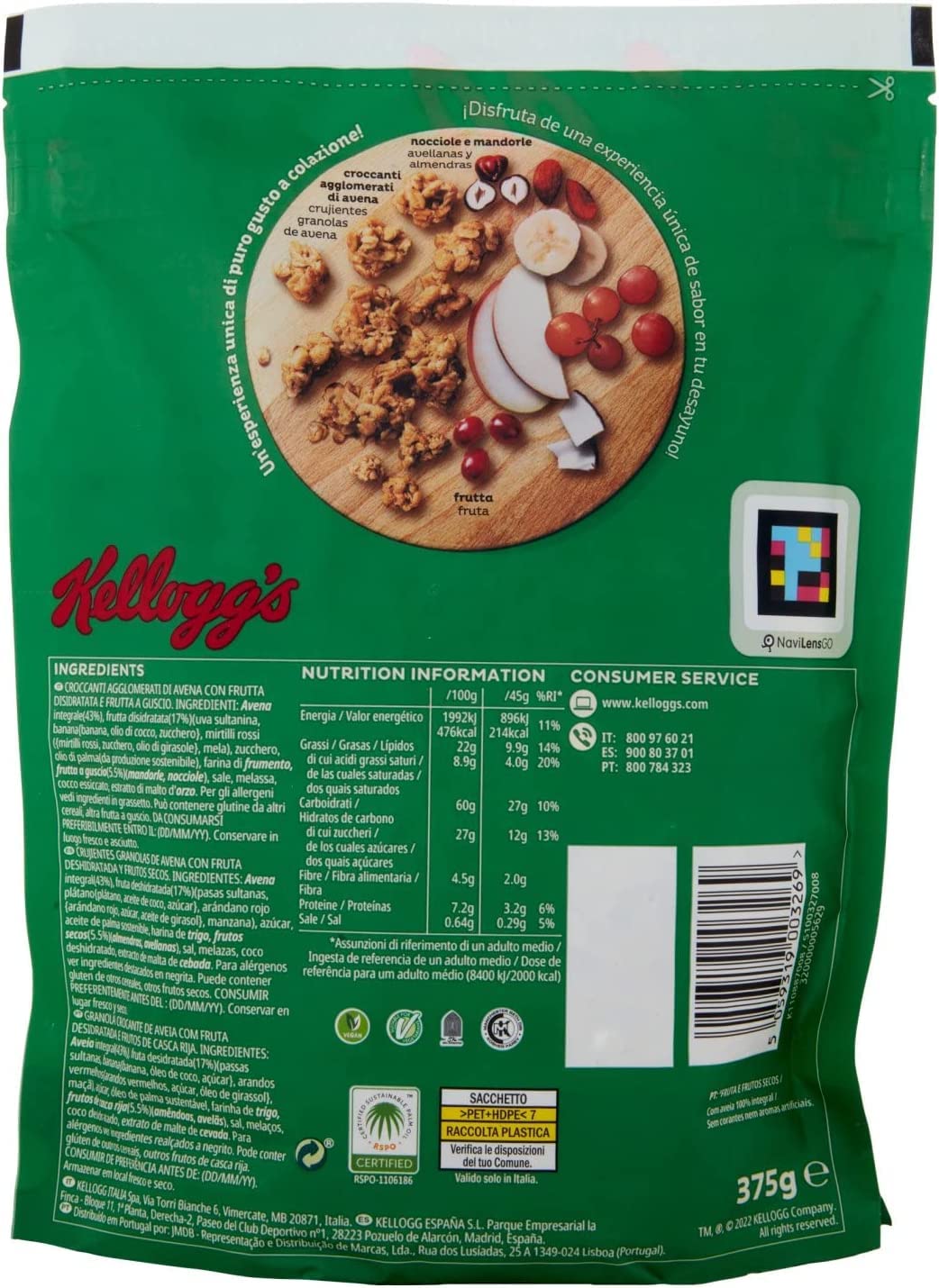 6x Kellogg's Extra Frutta e Frutta Secca Knusprige Haferflocken mit Dehydrierten Früchten 375g-Packung