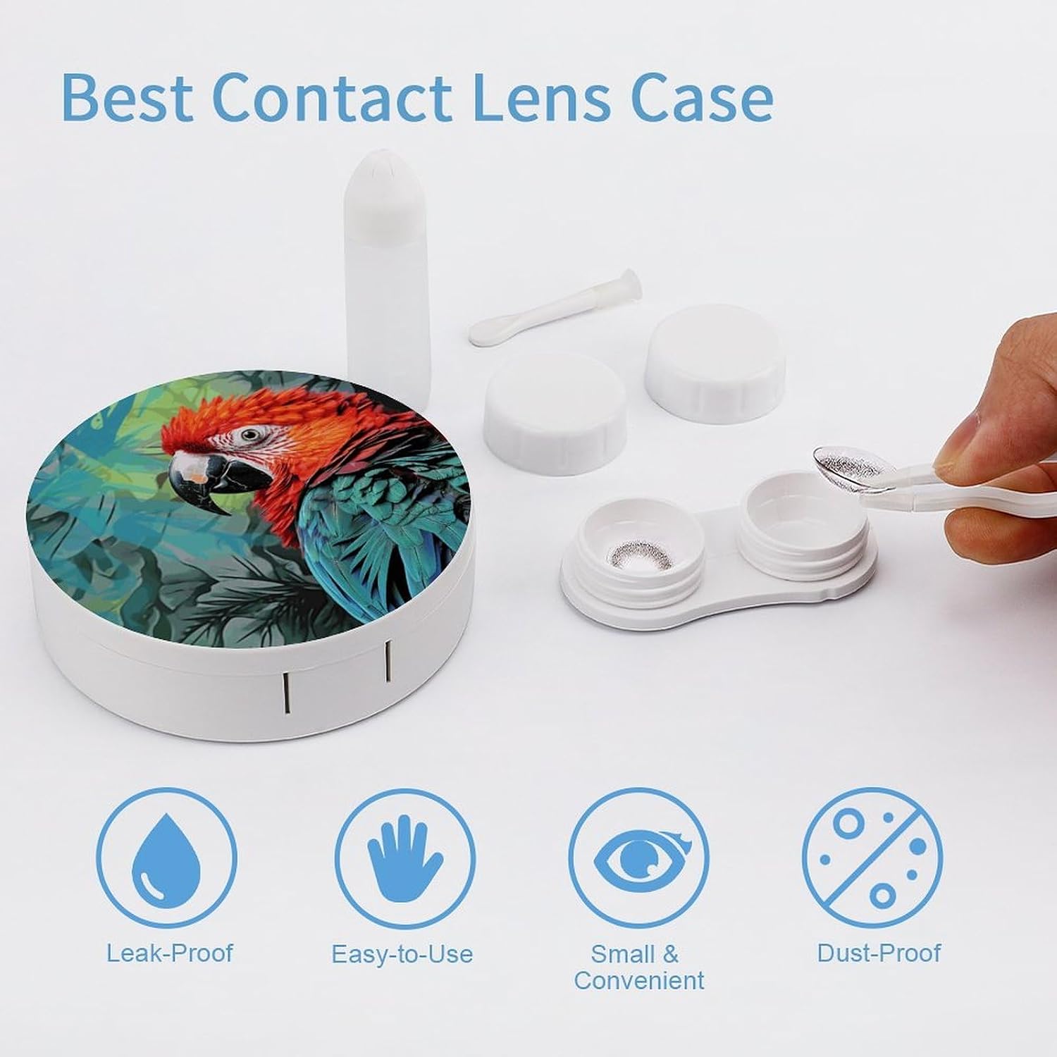 Colorful Parrot Contact Lens Case with Cleaner Washer Cute Contact Lens Soak Storage Holder Container with Mirror Mini Portable Contact Lens Box Set for Travel Outdoor Use