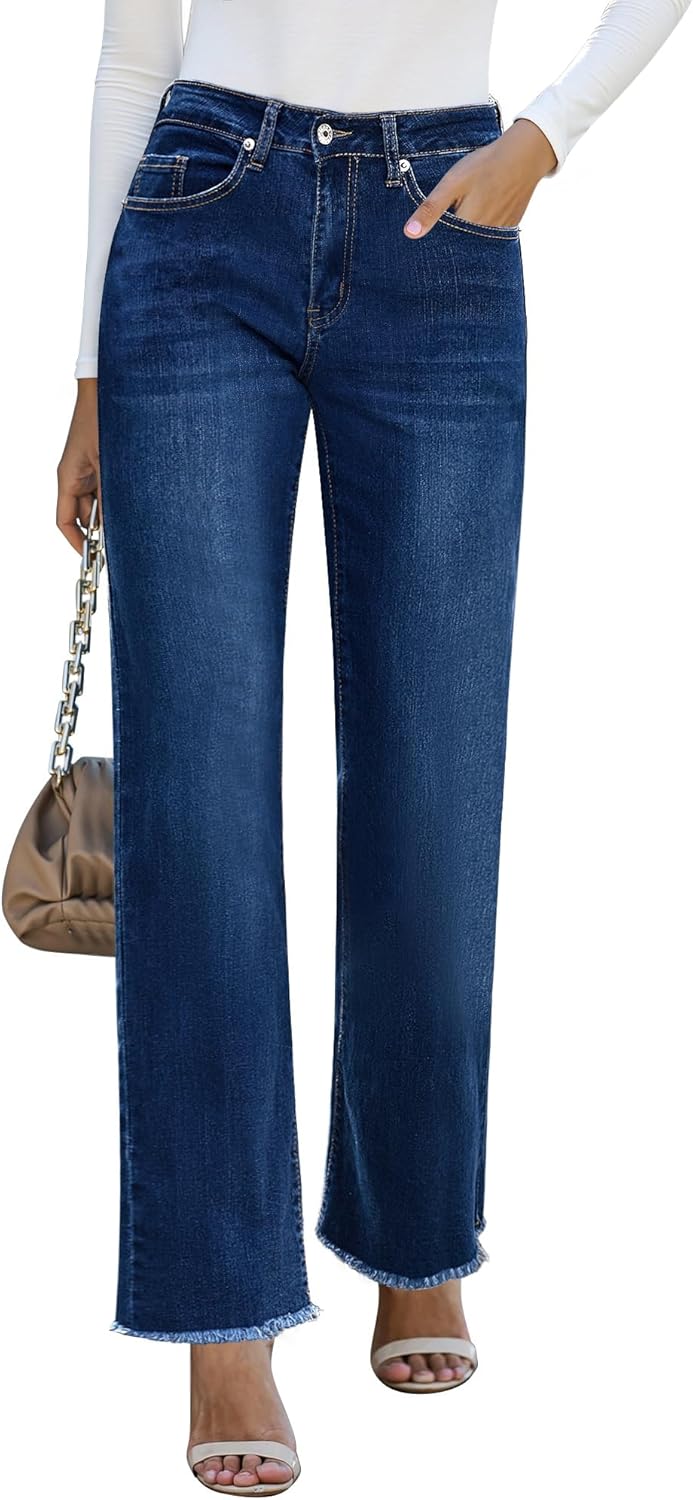 GRAPENT Straight Leg Jeans for Women High Waisted Stretchy Frayed Raw Hem Loose Denim Pants Casual Baggy Jean Trousers