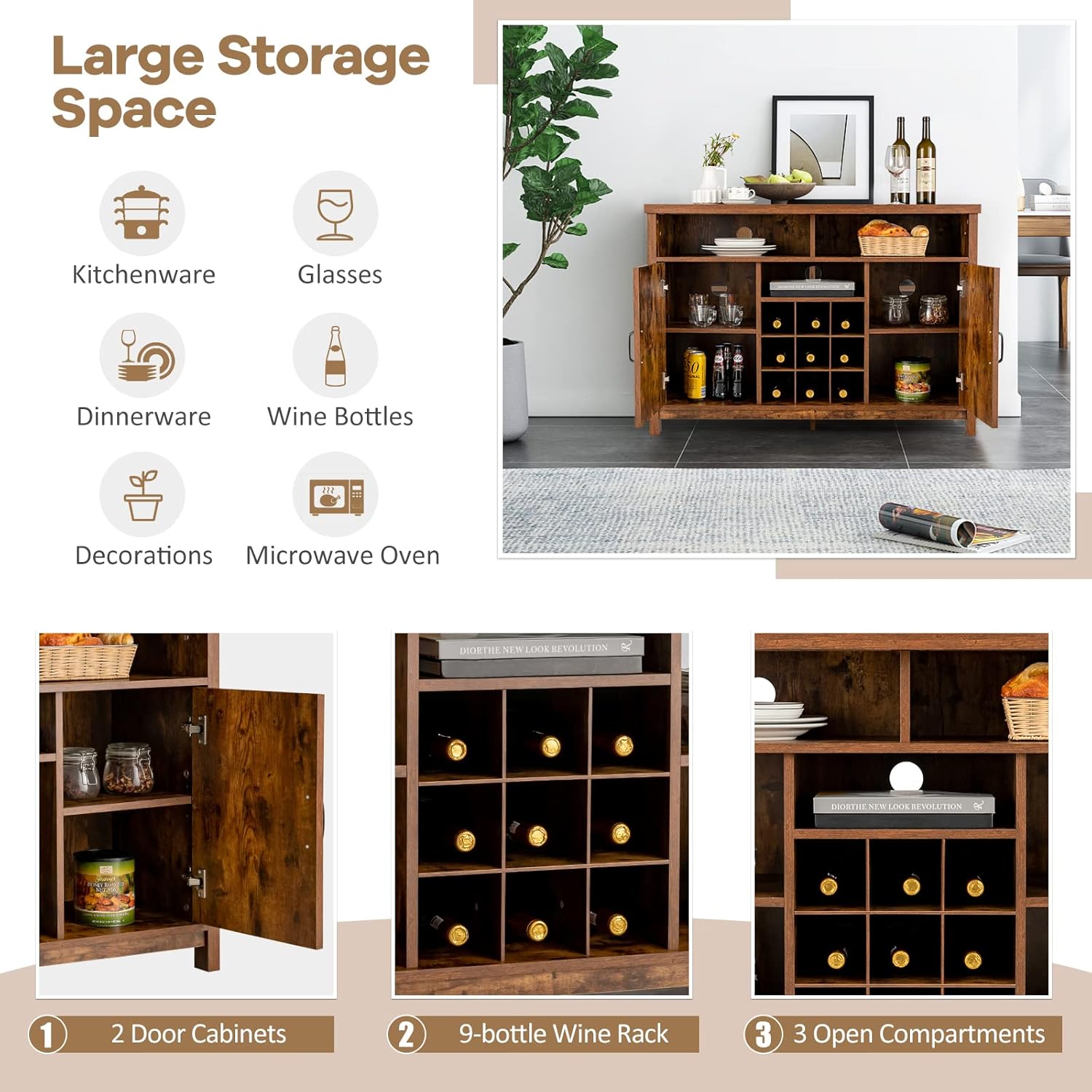 Giantex Buffet Sideboard, Farmhouse Kitchen Storage Cabinet, 9-Bottle Wine Rack & 2 Door Cabinets, Wood Pantry Cupboard, Credenza Organizer for Living Room (Industrial)
