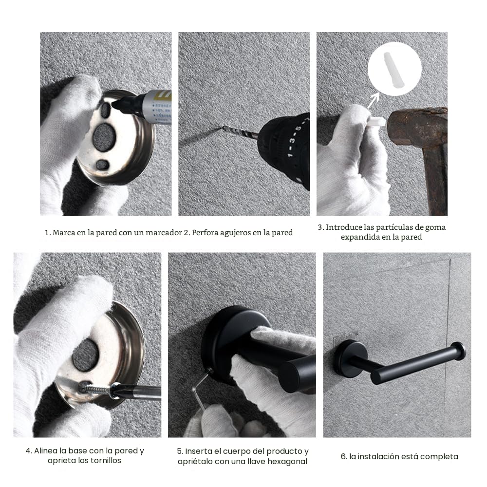 Toallero de Baño, Accesorios baño,Que Incluye 1 toallero, 1 portarrollos y 3 Ganchos. El Conjunto Completo Ofrece soluciones prácticas para el baño (Negro)