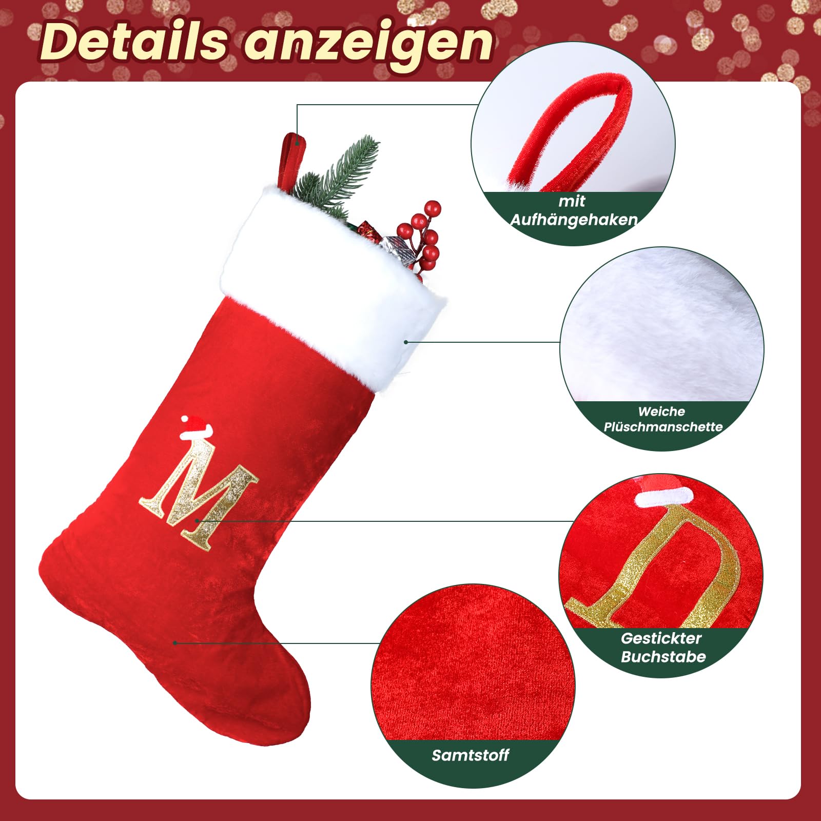 MSQ Chaussette de Noël 45 cm Grand Bas de Noël Cheminée Ornements Suspendus