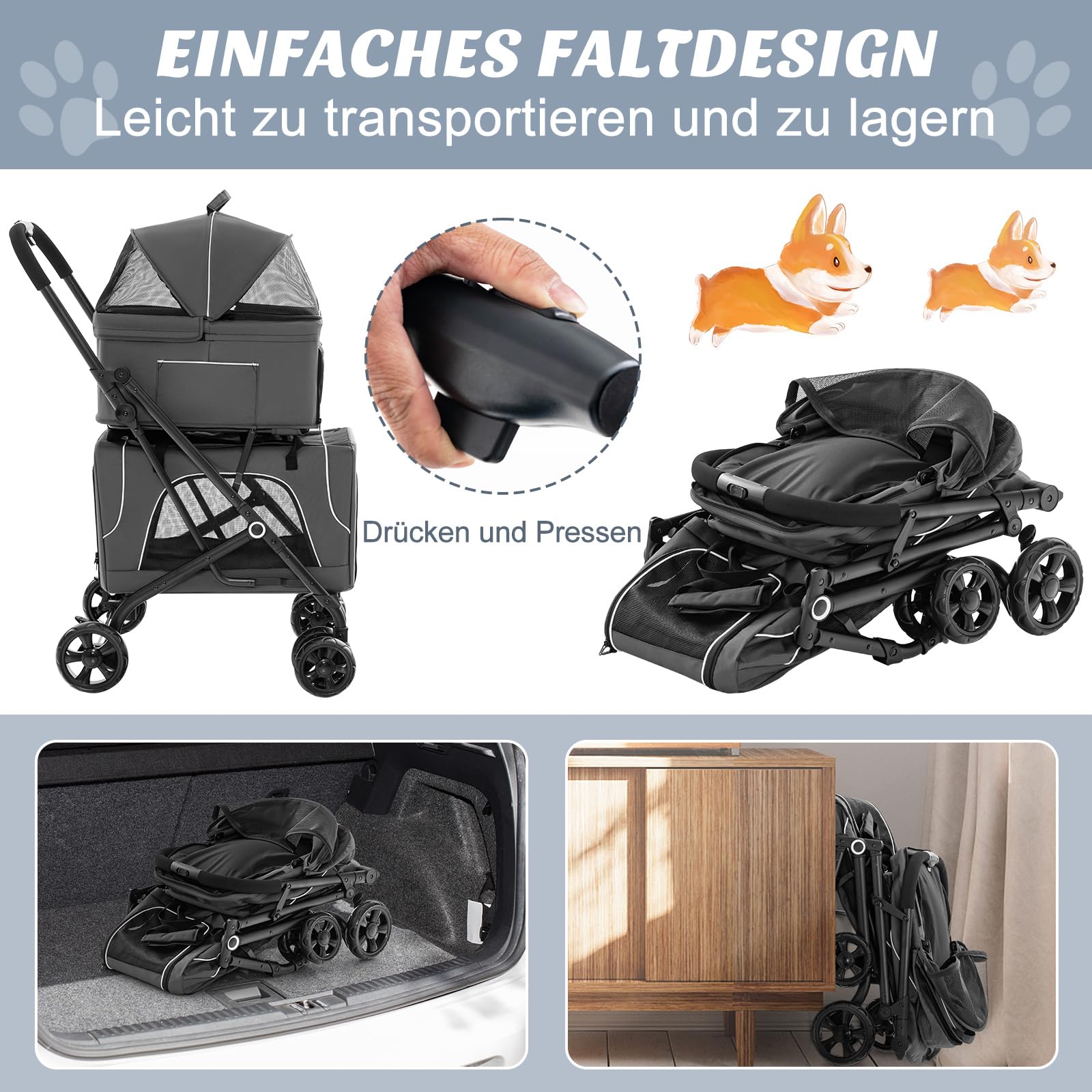 COSTWAY 3 in 1 Hundewagen, Hundebuggy 2 Etagen mit Netzfenstern & Taschen & Polstern, Oxford & Metall, Haustiere Buggy bis 16 kg, Hundebox Transporttasche klappbar, für Hunde Katzen Haustiere, Grau