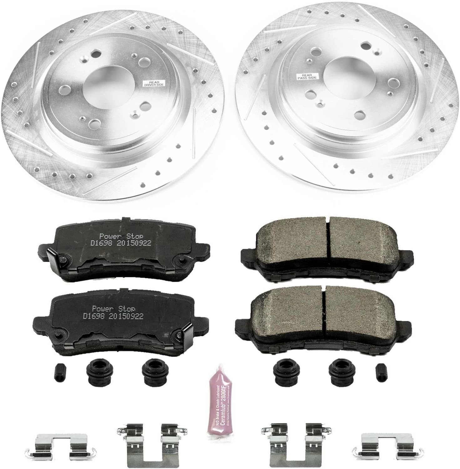 Power Stop K6952 Rear Z23 Carbon Fiber Brake Pads with Drilled & Slotted Brake Rotors Kit For Acura RLX 2014-2020 [Model Specific]