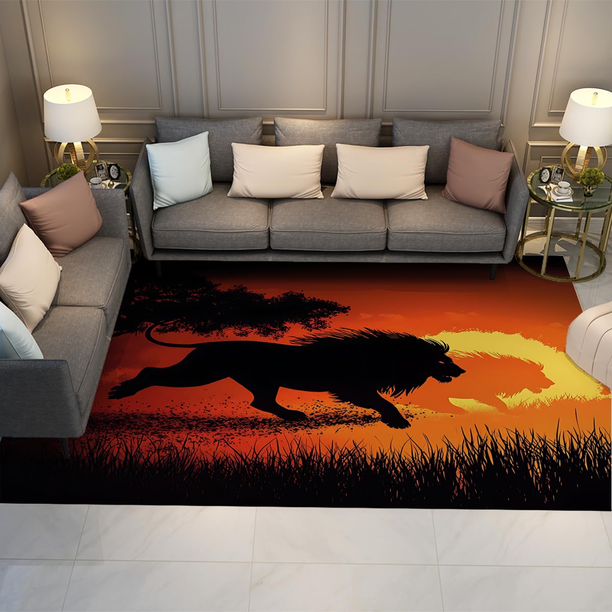 Tapis faune africaine lion 180x240cm lavable et pliable pour grand salon