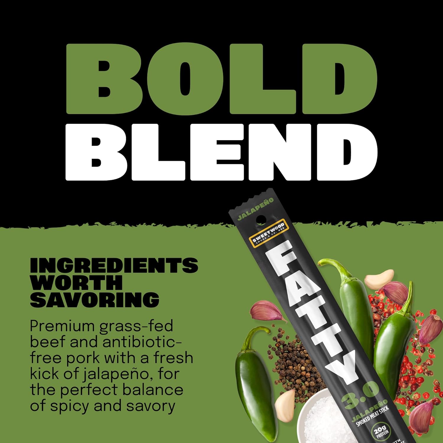 FATTY Grass-Fed Beef Smoked Meat Sticks, Jalapeno Flavor, 20g Protein Per Stick, 3 oz. (Pack of 20)