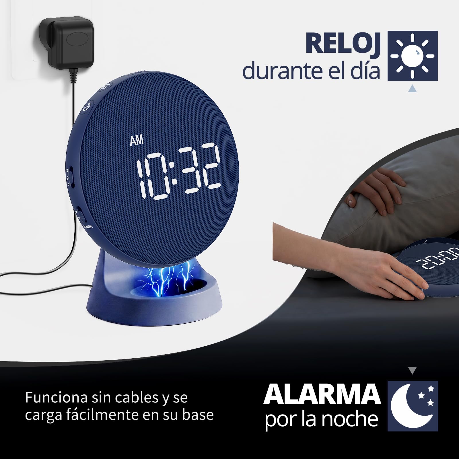 REACHER Despertador vibratorio para dormilones, Despertador Fuerte para Dormitorio, Alarma vibratoria bajo la Almohada, atenuación automática, sin Cables y Recargable, Ideal para sordos