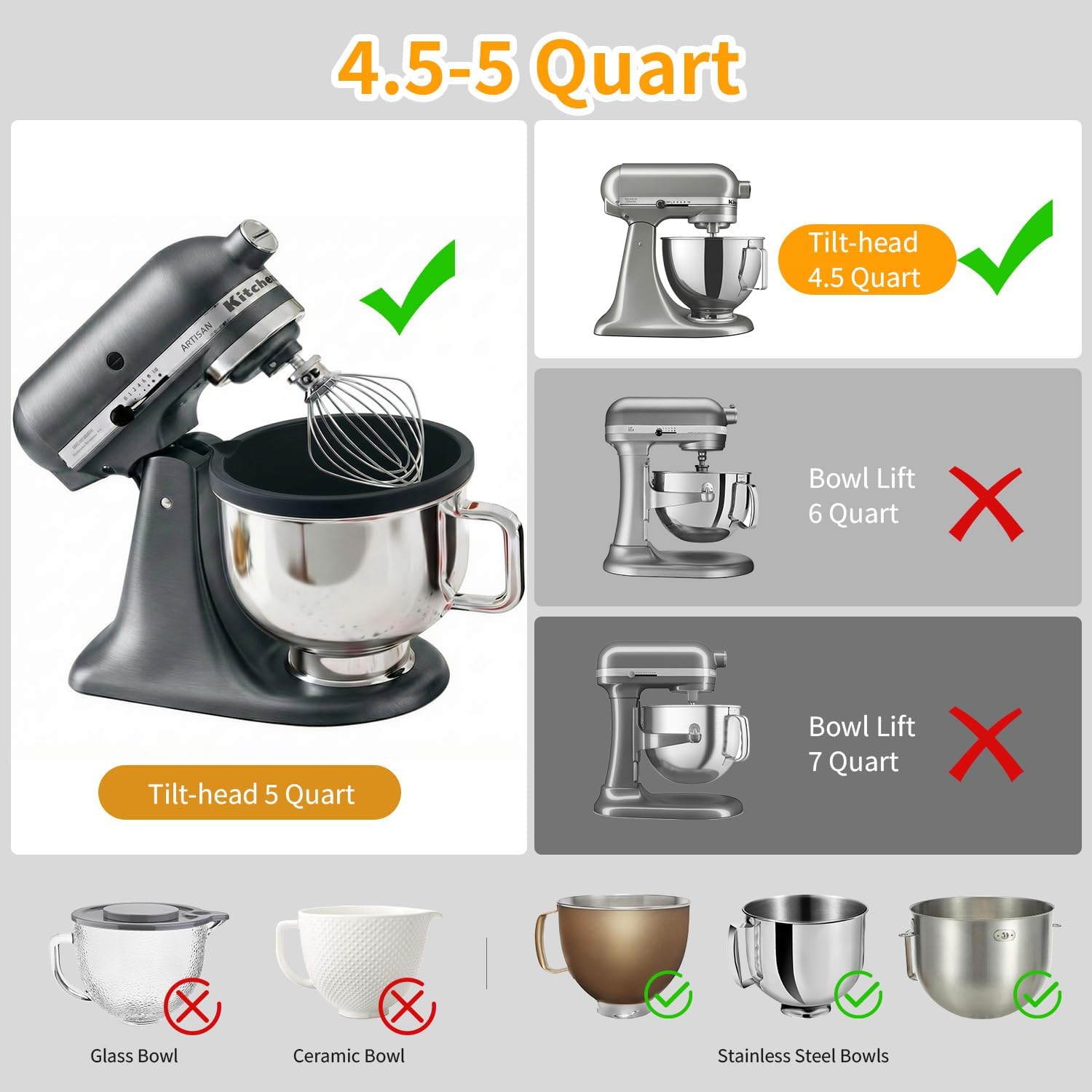 Silicone Liners for KitchenAid 4.5-5Qt Tilt-Head Stand Mixer with Lids, Thicker, Cold/Heat-Resistant & Non-Stick, Easy Clean, Kitchen Aid Accessories and Attachments for Baking and Cooking (3P-COLOR)