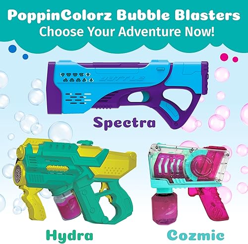 Miniatura 7 de WOWMAZING PoppinColorz Cozmic - Pistola de burbujas de color con 1 rosa, 1 azul y 2 soluciones de burbujas transparentes, fabricado en los Estados