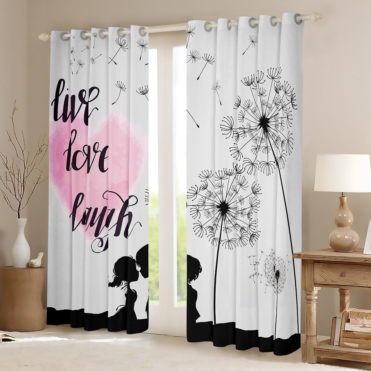 Dandelion Curtains For Couples, Little Boy And Girl Silhouette Under A Dandelion Window Curtains 38