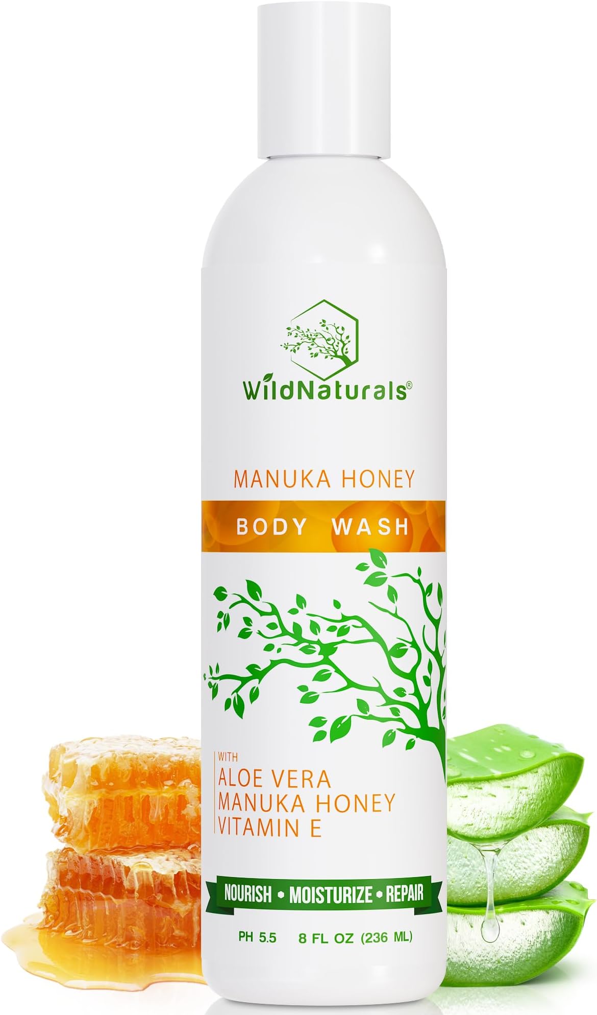 Wild Naturals Manuka Honey Eczema and Psoriasis Body Wash – Organic, Natural Body Wash with Aloe Vera, Cehami, and Manuka Honey – Plant-Based, Sulfate-Free, Cruelty-Free Skincare
