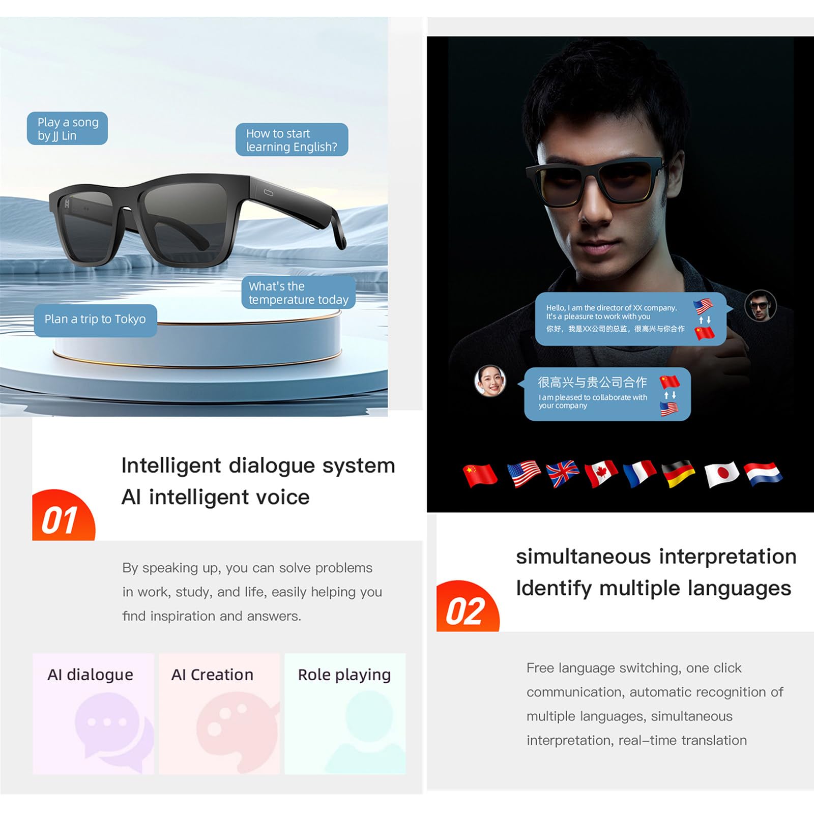 Lunettes Bluetooth intelligentes, Conversation IA, Traduction en Temps réel, Audio Bluetooth, Assistant Vocal de réveil, Lunettes de Traduction IA, pour Voyages, Affaires et études,B