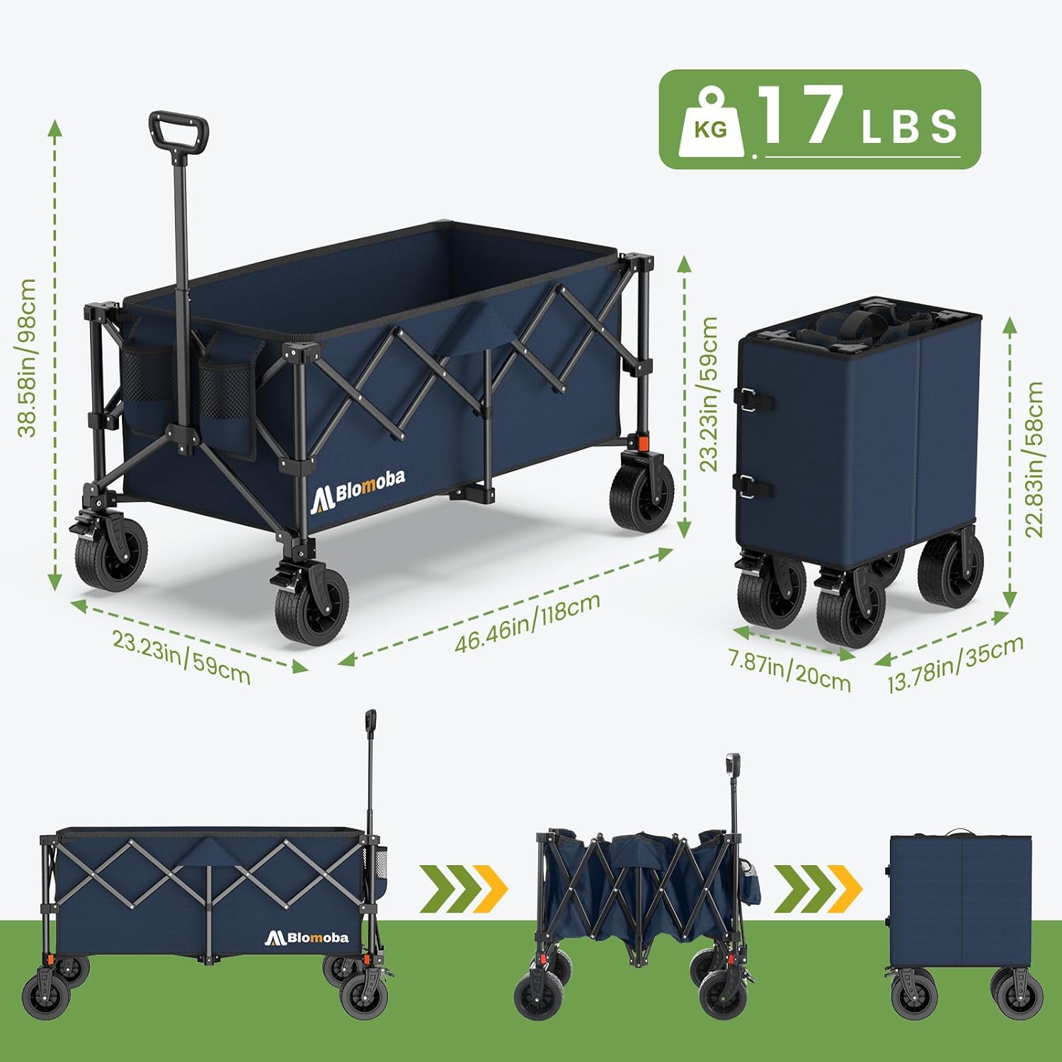 Collapsible Wagon Cart, 330LBS Heavy Duty Folding Cart with Wheels 360° Rotation, Built-in Brakes, Flexible Handle, Portable Utility Wagon for Grocery Sports Garden Shopping Camping, Blue thumbnail