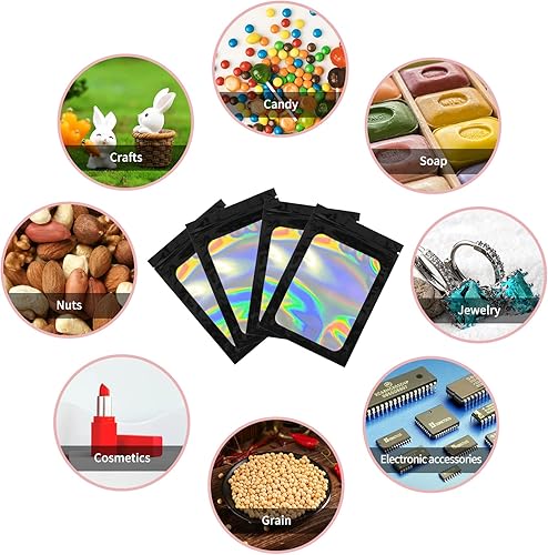 Miniatura 7 de joycraft 100 bolsas holográficas de tereftalato de polietileno, bolsas resellables a prueba de olores, bolsa para joyería, bolsa de papel de