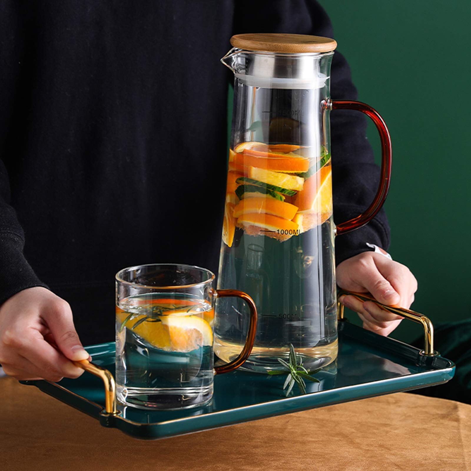 LOWLIU Caraffe di tè Freddo Brocca di Vetro con Coperchio del Filtro Caraffa in Vetro con Una Linea di Laurea di precisione for la brocca di Succo di tè Freddo, Bevande Fredde/Calde brocche