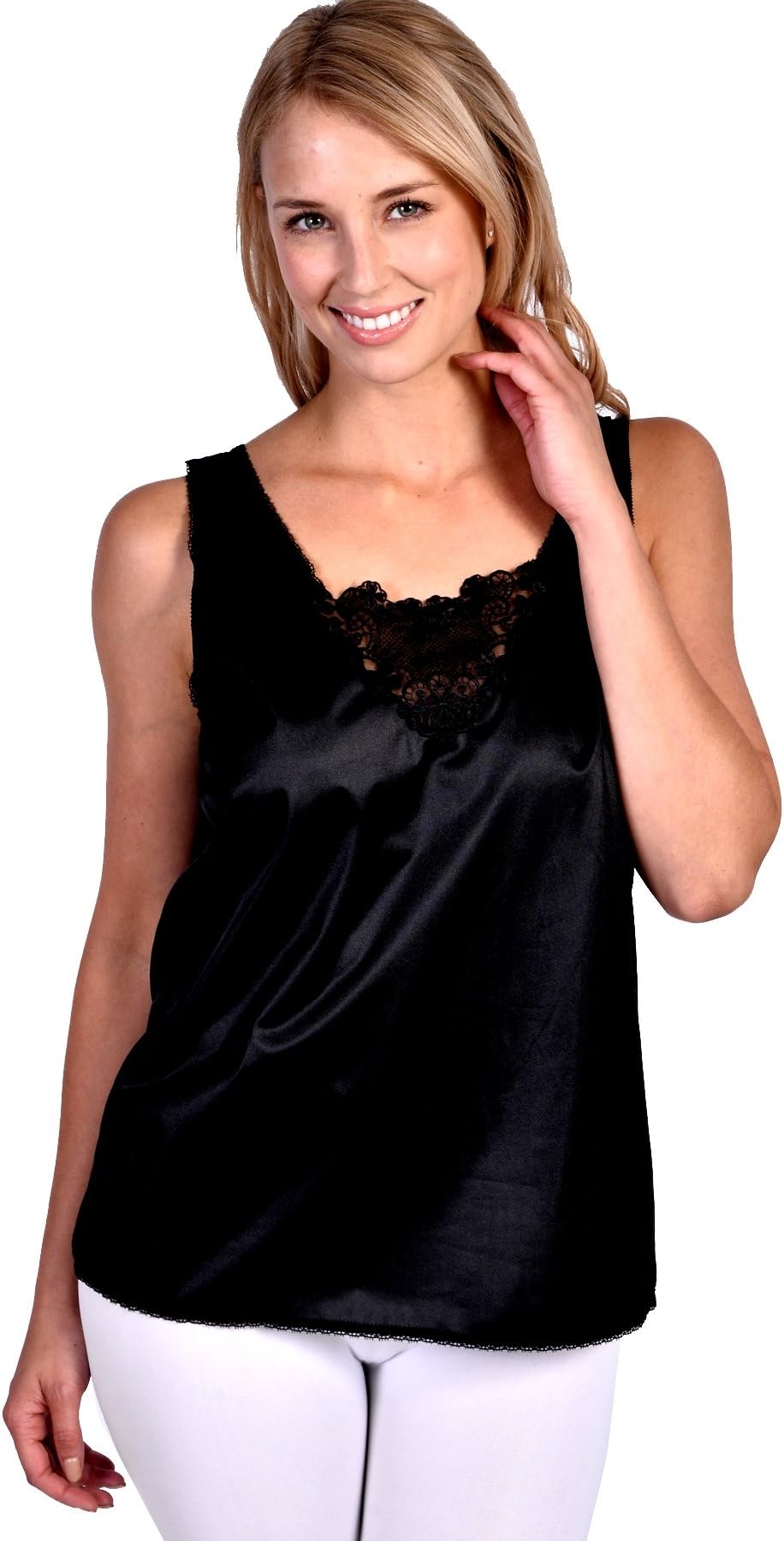 Patricia LingerieWomen's Soft Silky Satin Under Blouse Sleeveless Camisole with V-Neck Floral Lace Trim and Wide Straps