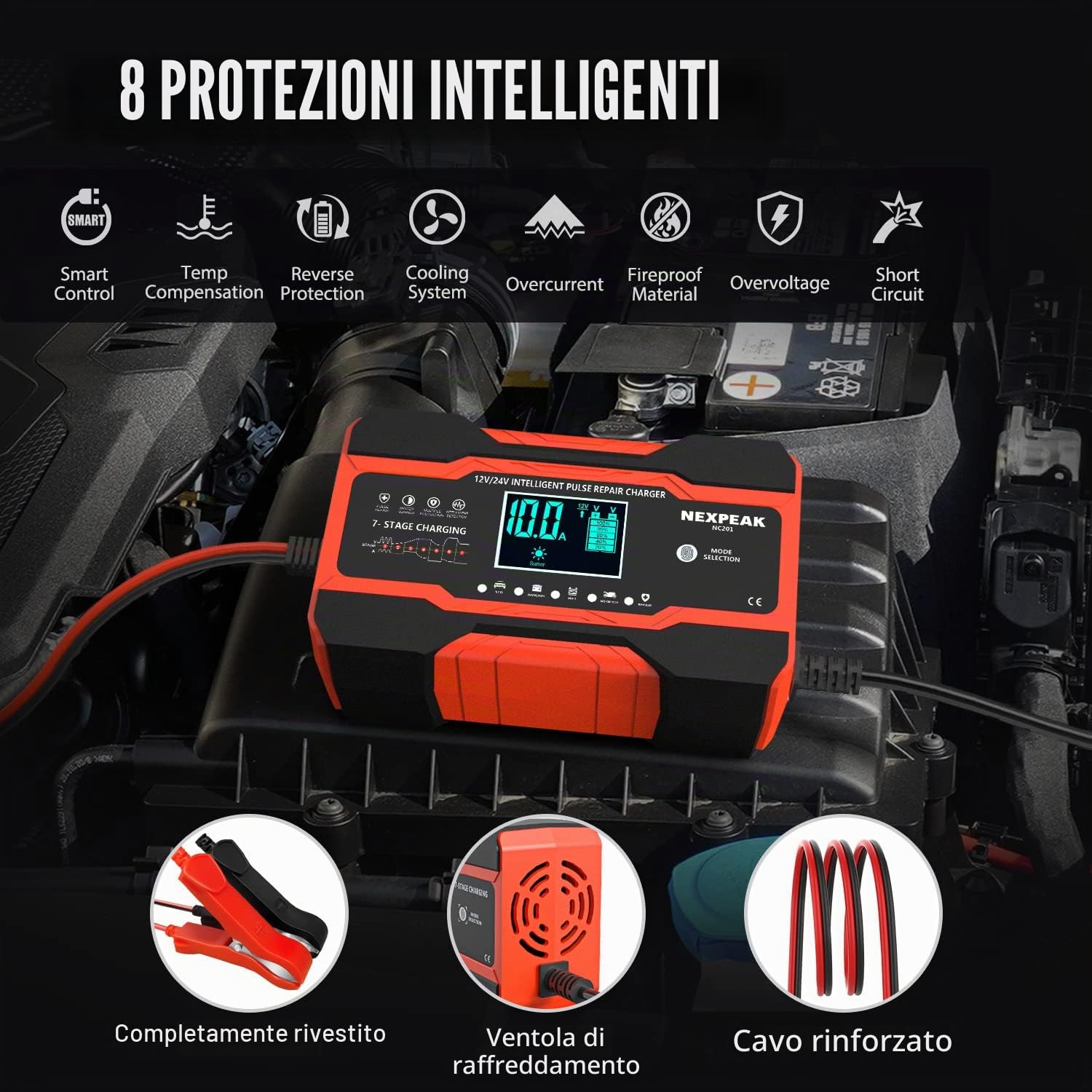 Carica Batterie per Auto, Caricabatteria da Auto 12V / 24V 10A Multi Protezioni Caricabatteria e Mantenitore,Intelligente Touch Schermo LCD Caricabatteria Completamente Automatico (Rosso) | Schermo LCD, 4 modalità, Protezioni multiple, Riparazione impulsi