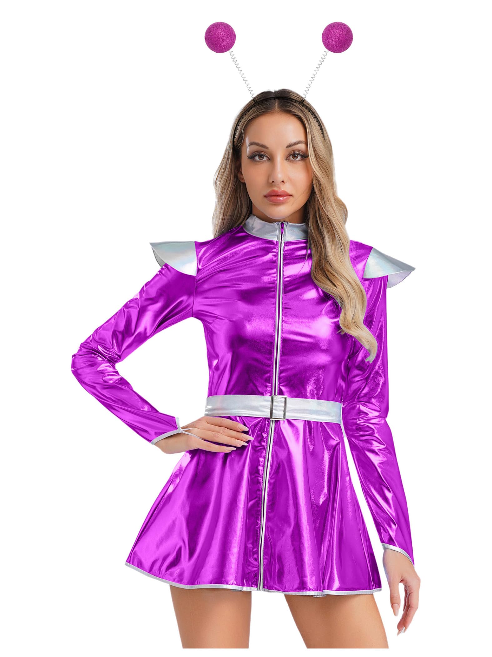 Yiesvsov Women Alien Metallic Dress for Halloween Cosplay Costume Long Sleeve Catsuit Funny Bodysuit 2 Pcs Set Purple 3XL