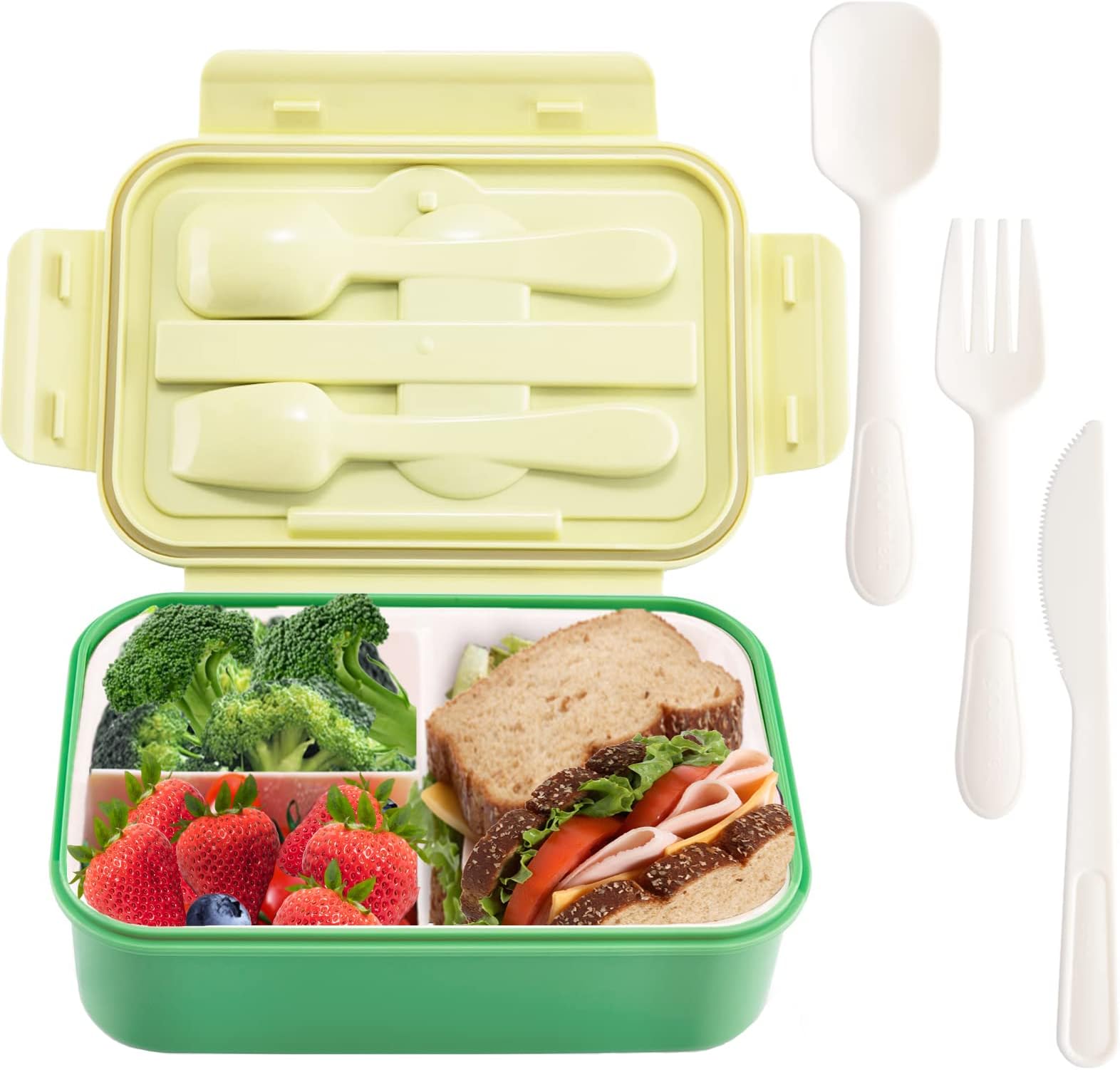 TACGEA Bento Box for Kids and Adults, Lunch Box 37oz Food Storage Container with Fork & Spoon, Knife, BPA Free, Microwave, Dishwasher Freezer Safe (Green)