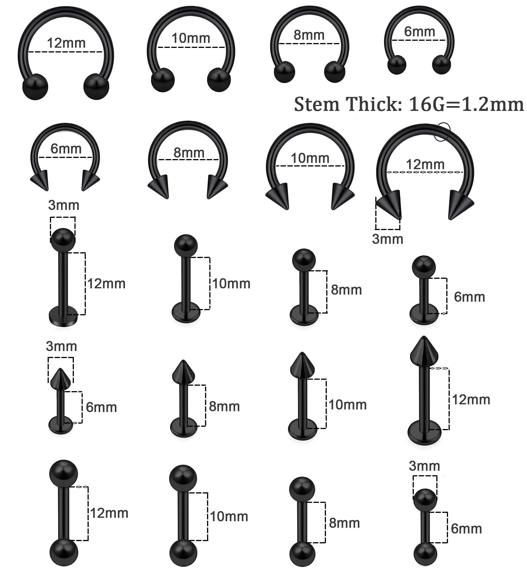 40Pcs 16G Lip Rings Surgical Steel Snake Bite Jewelry Labret Monroe Barbell Daith Tragus Helix Piercing Nose Septum Jewelry for Women Men 6mm/8mm/10mm/12mm